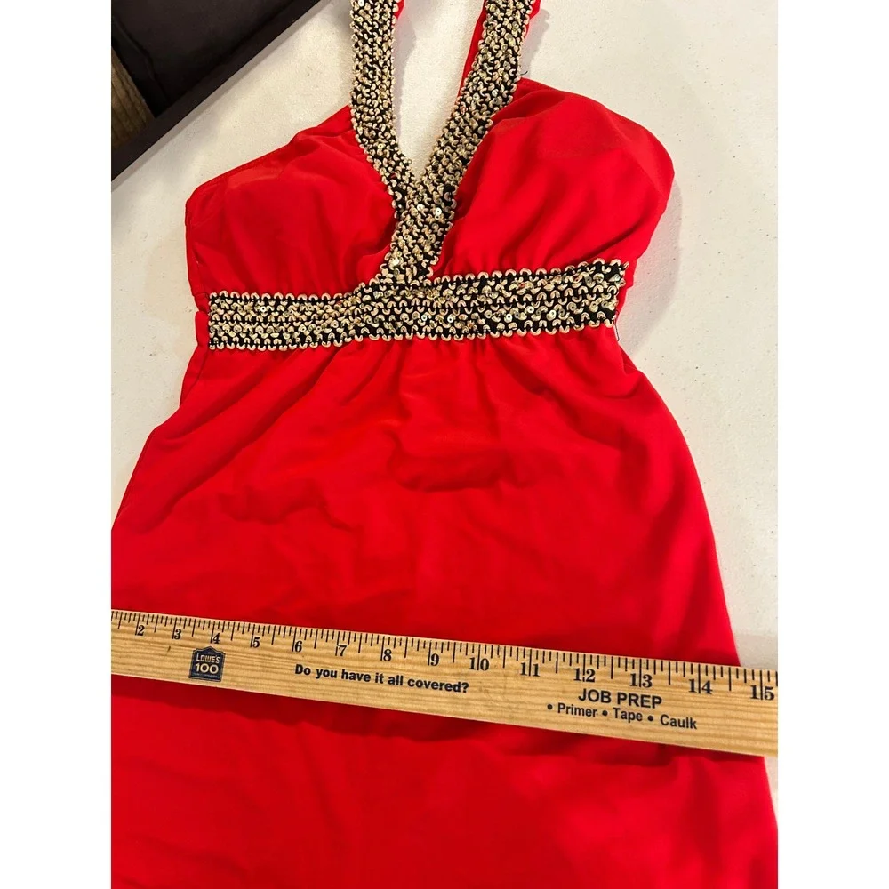 Pin Up Red One Piece Swimsuit Boy Short Cut Sequin Trim V-Neck Halter Medium